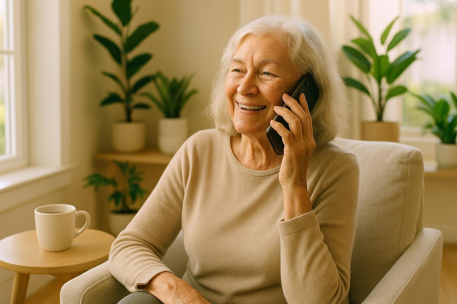 An older woman smiling on the phone in a sunlit armchair at home