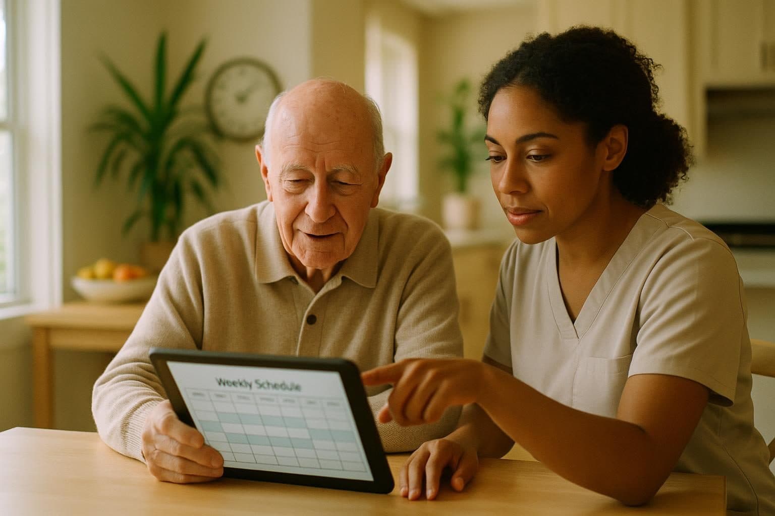 A caregiver and an older man reviewing the week's schedule at the kitchen table